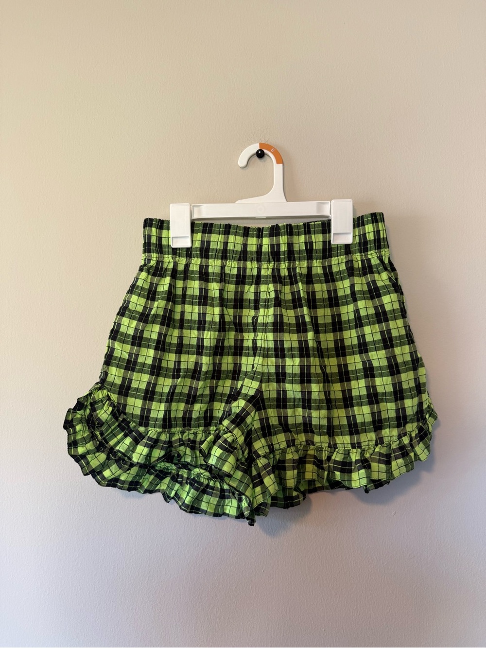 GANNI green checked seersucker shorts